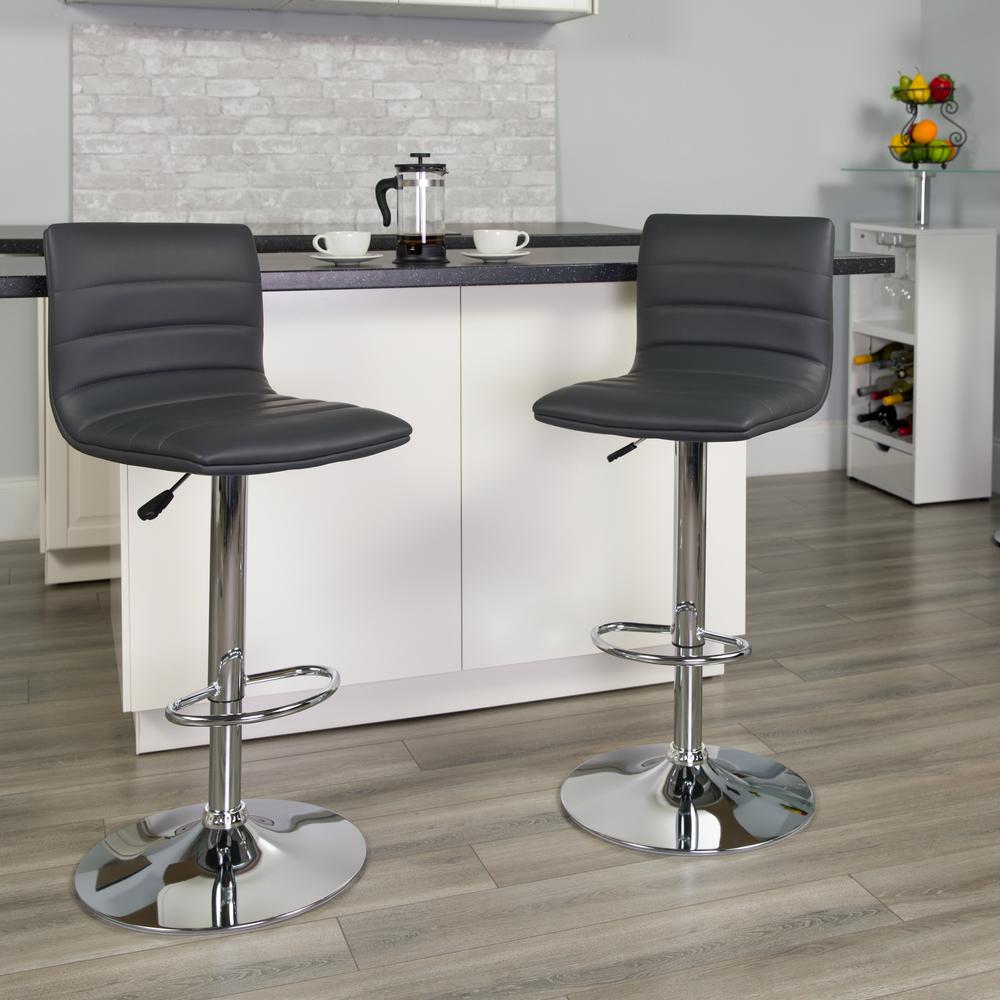 Modern Gray Vinyl Adjustable Bar Stool with Back, Counter Height Swivel Stool with Chrome Pedestal Base. Picture 8