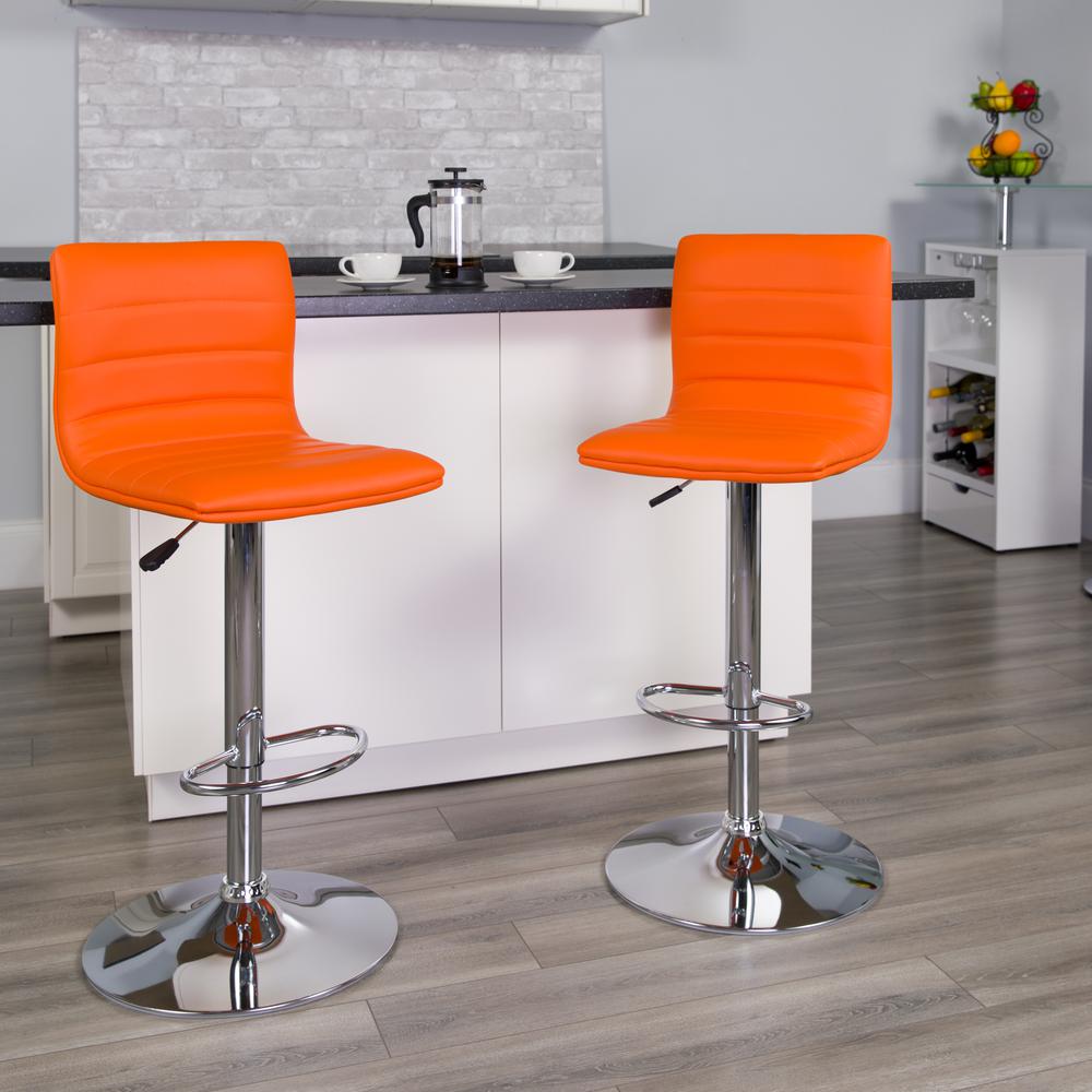 Modern Orange Vinyl Adjustable Bar Stool with Back, Counter Height Swivel Stool with Chrome Pedestal Base. Picture 8