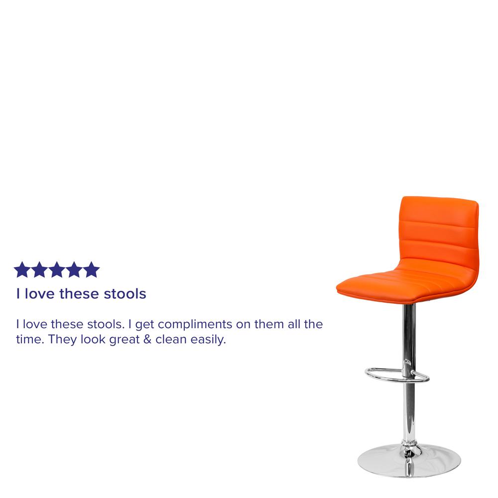 Modern Orange Vinyl Adjustable Bar Stool with Back, Counter Height Swivel Stool with Chrome Pedestal Base. Picture 9