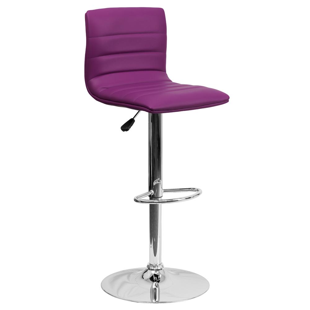 Modern Purple Vinyl Adjustable Bar Stool with Back, Counter Height Swivel Stool with Chrome Pedestal Base. The main picture.
