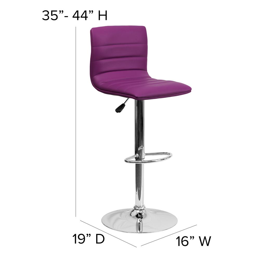 Modern Purple Vinyl Adjustable Bar Stool with Back, Counter Height Swivel Stool with Chrome Pedestal Base. Picture 2