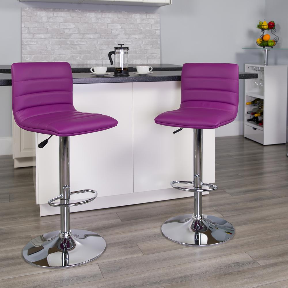 Modern Purple Vinyl Adjustable Bar Stool with Back, Counter Height Swivel Stool with Chrome Pedestal Base. Picture 6