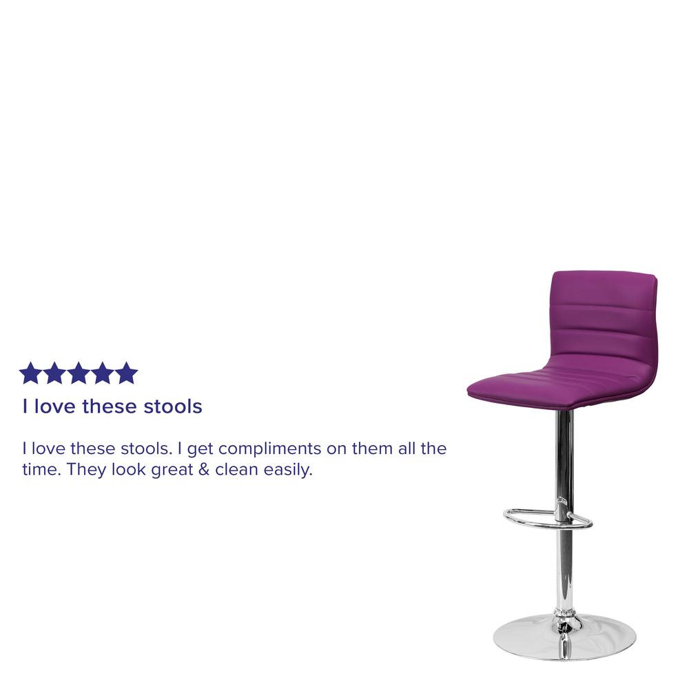 Modern Purple Vinyl Adjustable Bar Stool with Back, Counter Height Swivel Stool with Chrome Pedestal Base. Picture 7
