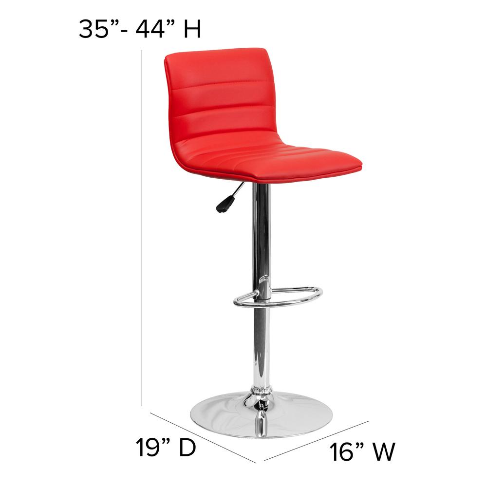 Modern Red Vinyl Adjustable Bar Stool with Back, Counter Height Swivel Stool with Chrome Pedestal Base. Picture 2