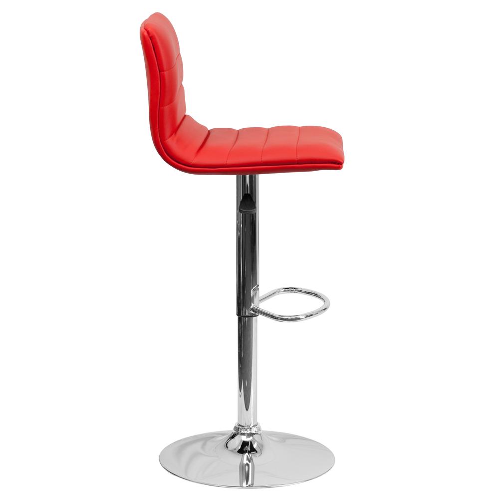 Modern Red Vinyl Adjustable Bar Stool with Back, Counter Height Swivel Stool with Chrome Pedestal Base. Picture 3