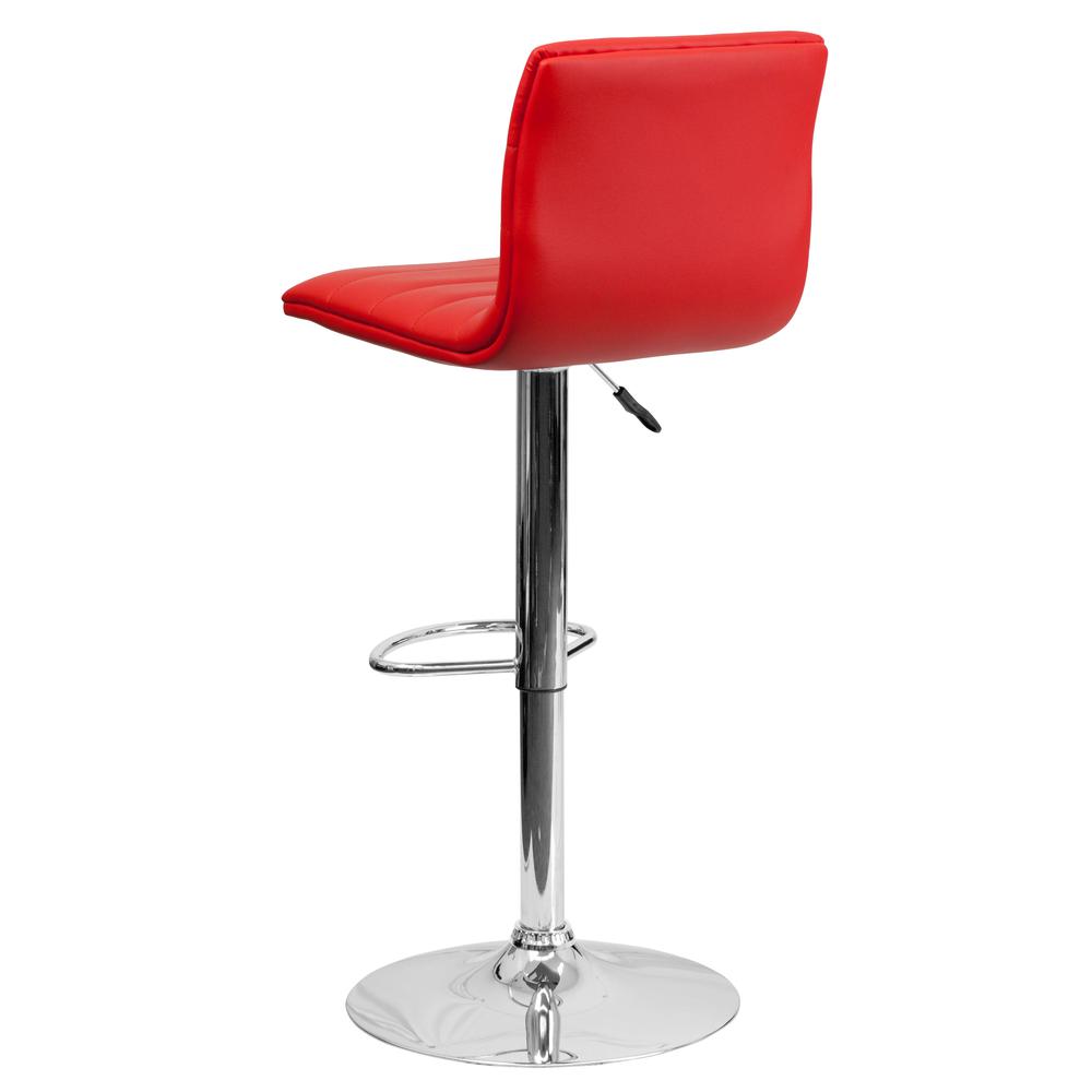 Modern Red Vinyl Adjustable Bar Stool with Back, Counter Height Swivel Stool with Chrome Pedestal Base. Picture 4