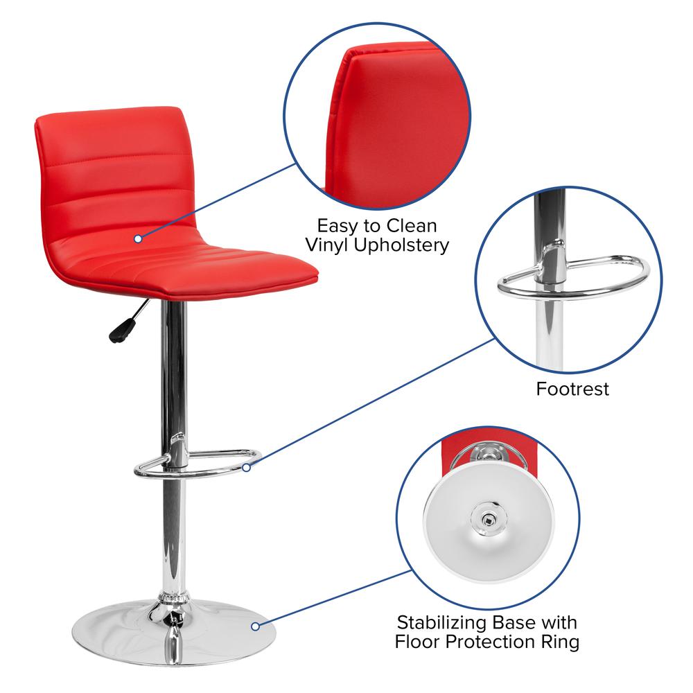 Modern Red Vinyl Adjustable Bar Stool with Back, Counter Height Swivel Stool with Chrome Pedestal Base. Picture 6