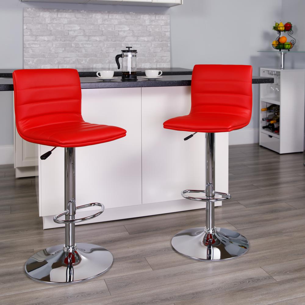 Modern Red Vinyl Adjustable Bar Stool with Back, Counter Height Swivel Stool with Chrome Pedestal Base. Picture 9