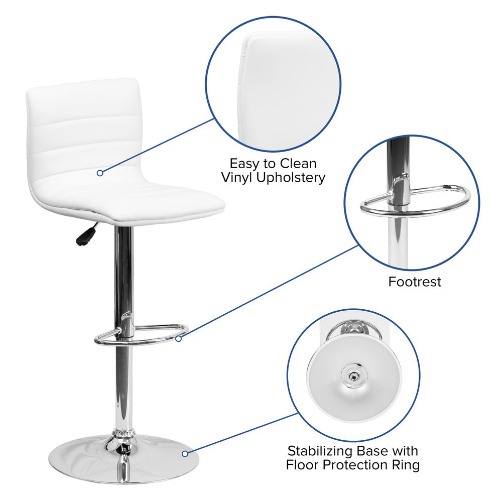 Modern White Vinyl Adjustable Bar Stool with Back, Counter Height Swivel Stool with Chrome Pedestal Base. Picture 6
