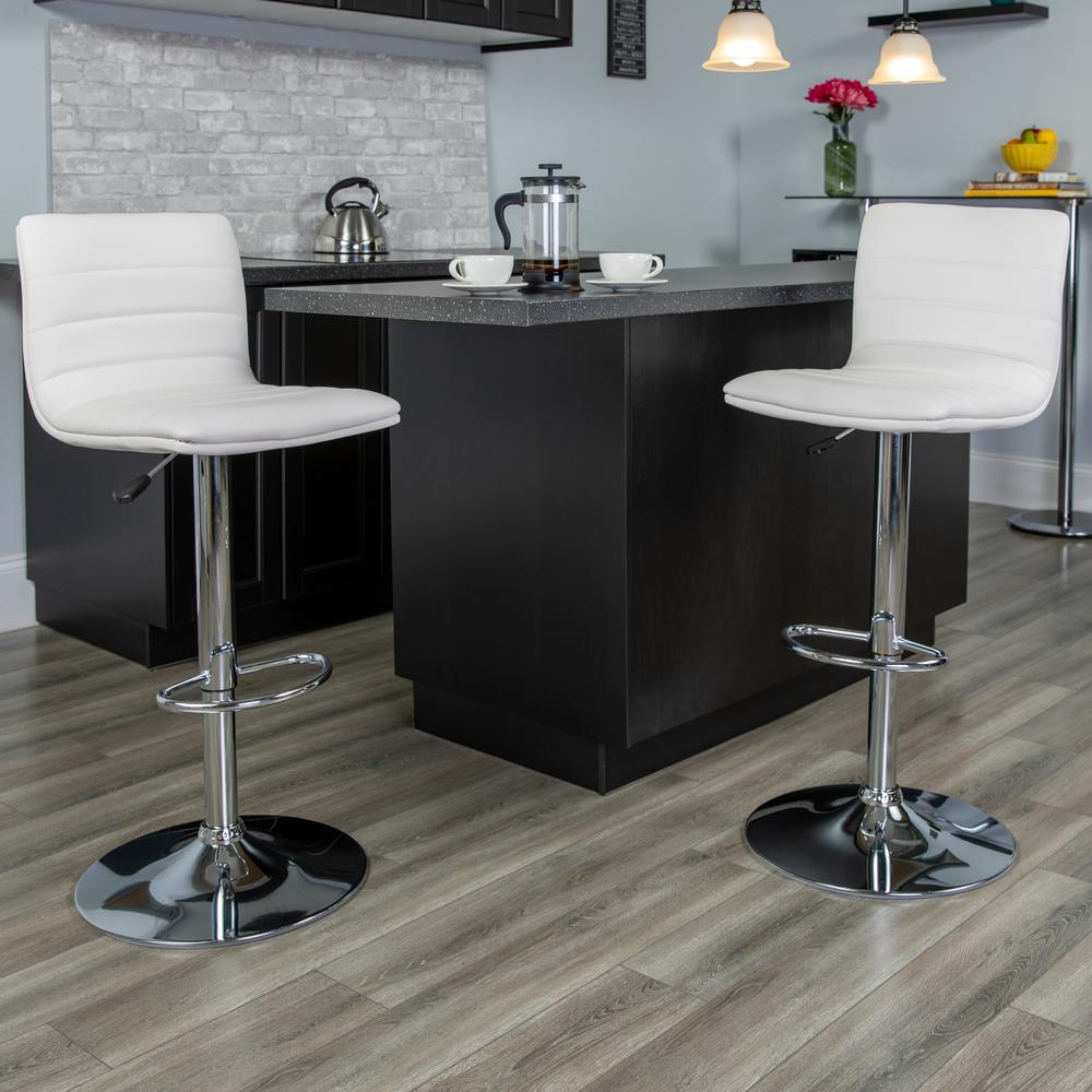 Modern White Vinyl Adjustable Bar Stool with Back, Counter Height Swivel Stool with Chrome Pedestal Base. Picture 9