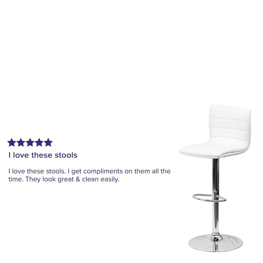 Modern White Vinyl Adjustable Bar Stool with Back, Counter Height Swivel Stool with Chrome Pedestal Base. Picture 10