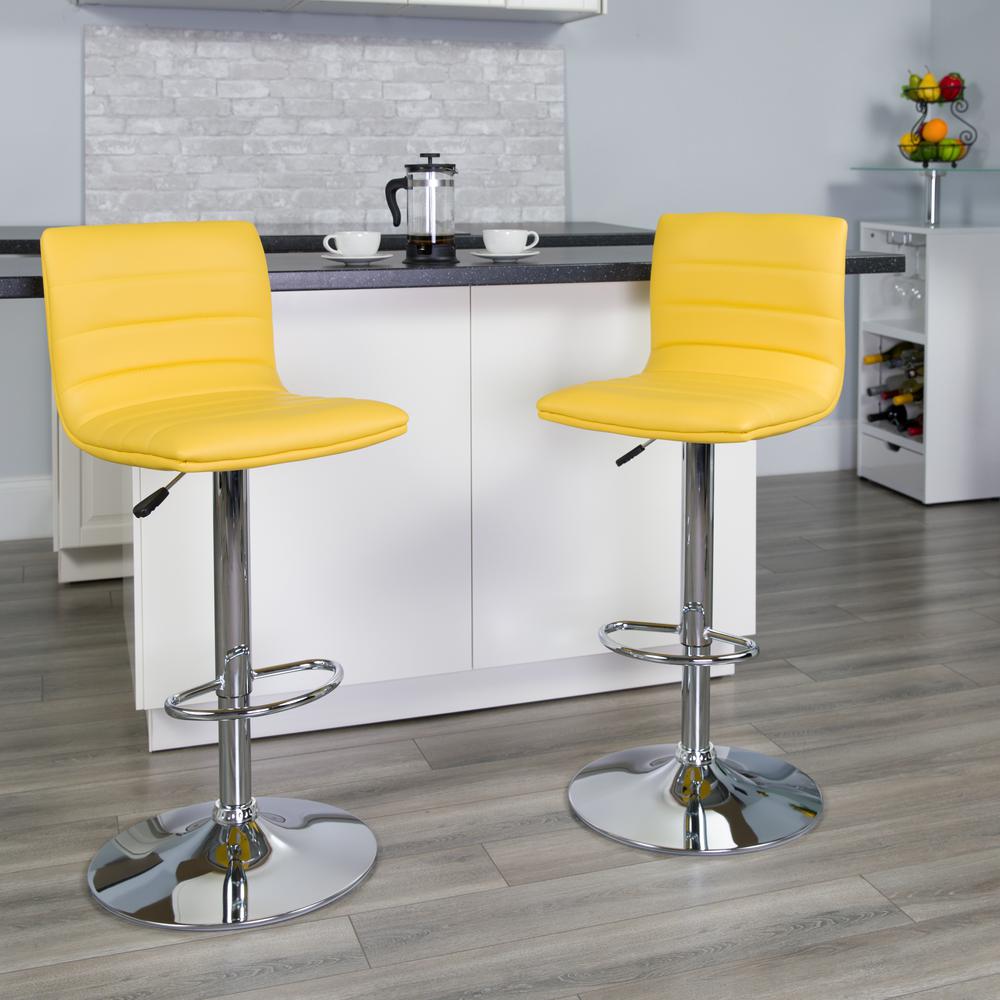 Modern Yellow Vinyl Adjustable Bar Stool with Back, Counter Height Swivel Stool with Chrome Pedestal Base. Picture 8