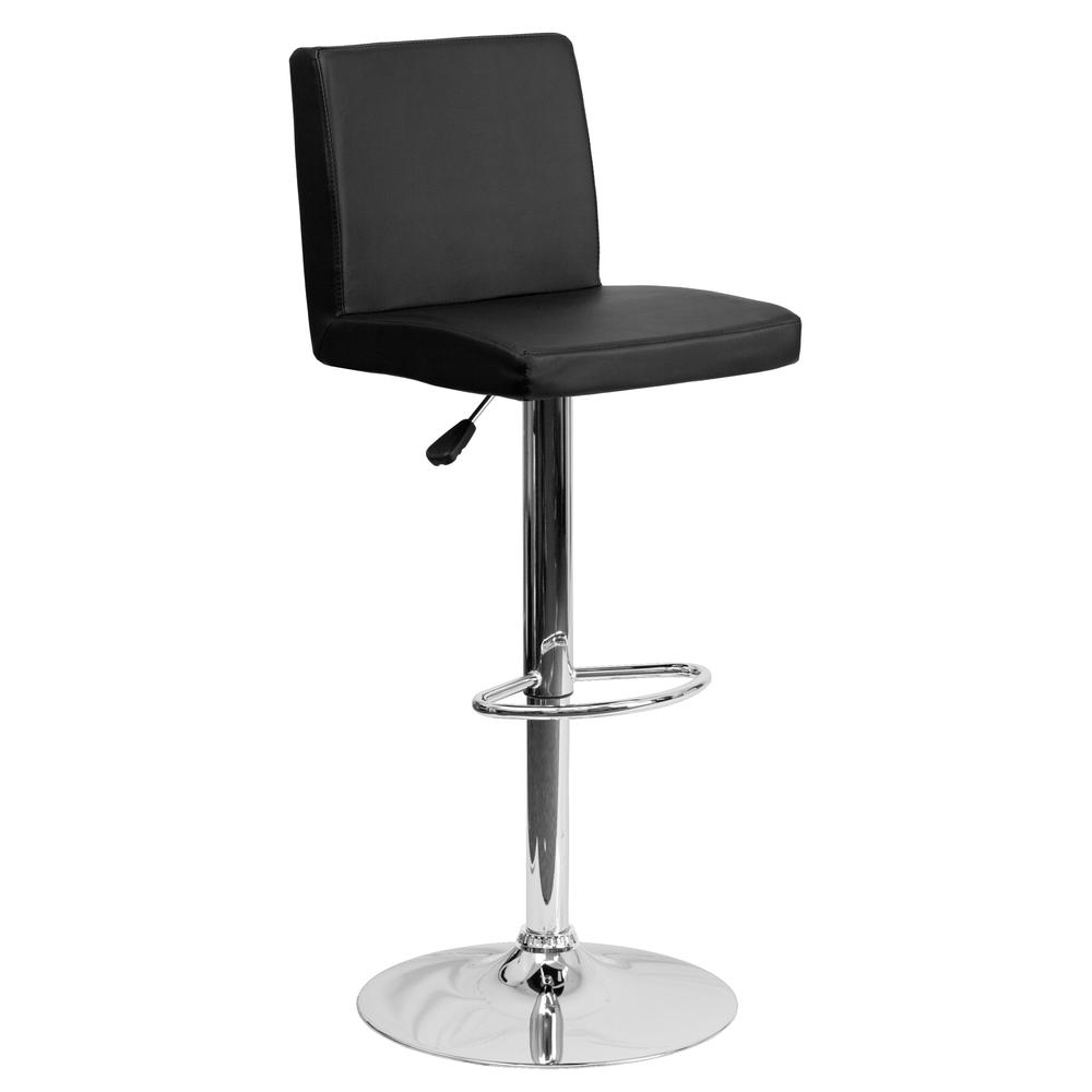 Contemporary Black Vinyl Adjustable Height Barstool with Panel Back and Chrome Base. The main picture.