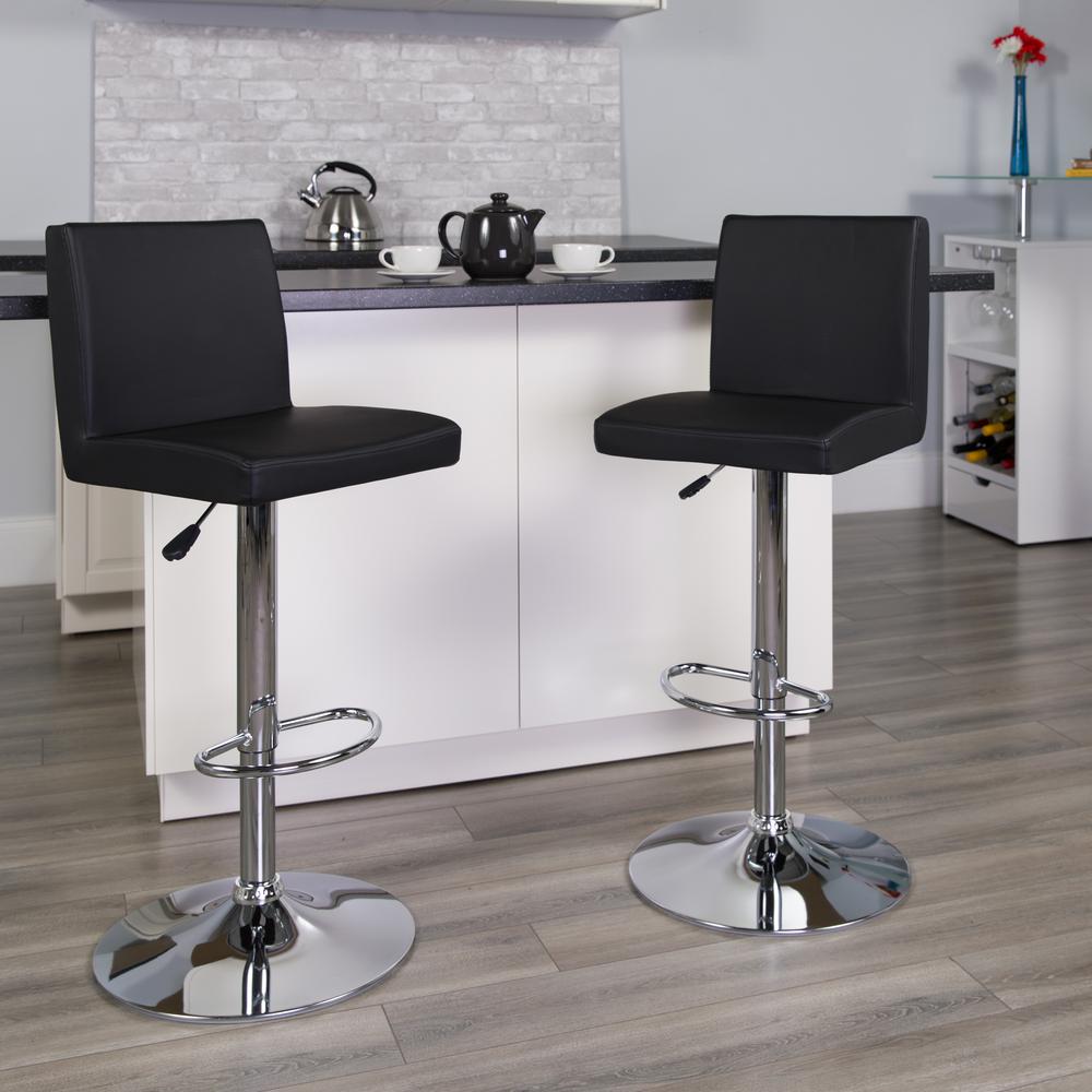 Contemporary Black Vinyl Adjustable Height Barstool with Panel Back and Chrome Base. Picture 6