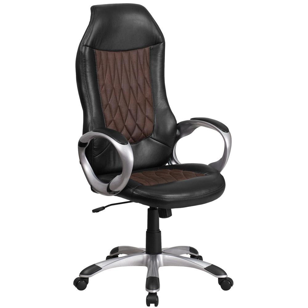 High Back Brown Fabric and Black Vinyl Executive Swivel Office Chair with Arms. Picture 1