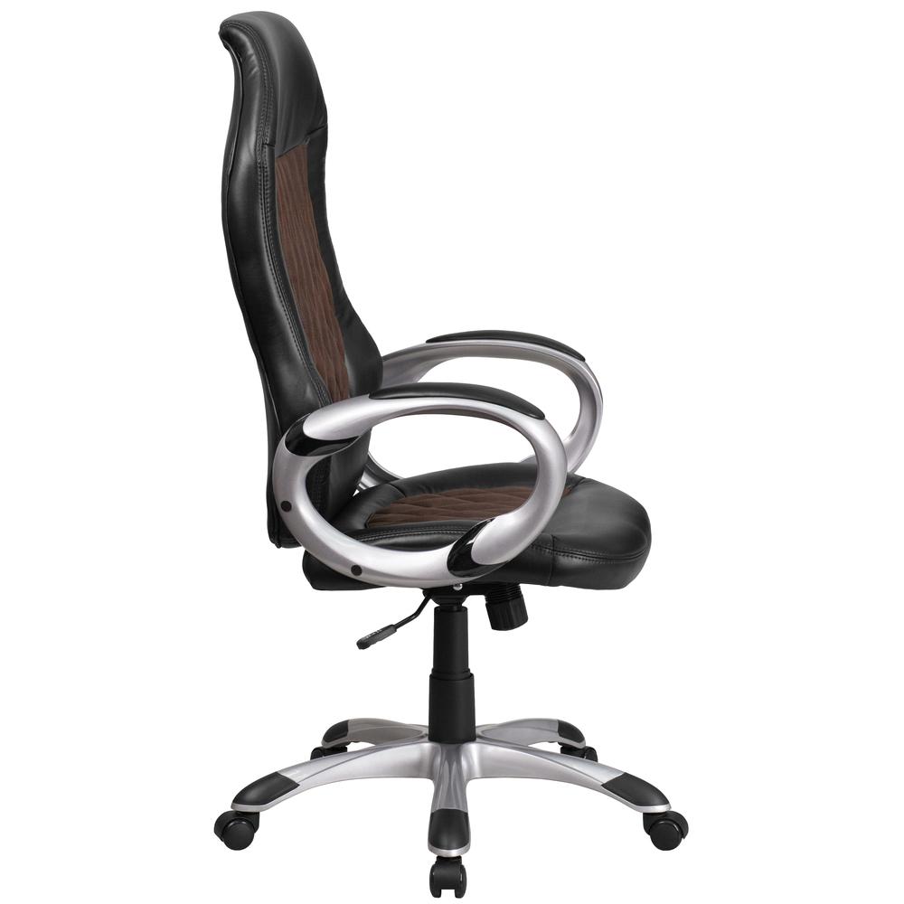 High Back Brown Fabric and Black Vinyl Executive Swivel Office Chair with Arms. Picture 2