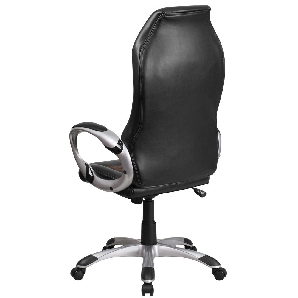 High Back Brown Fabric and Black Vinyl Executive Swivel Office Chair with Arms. Picture 3