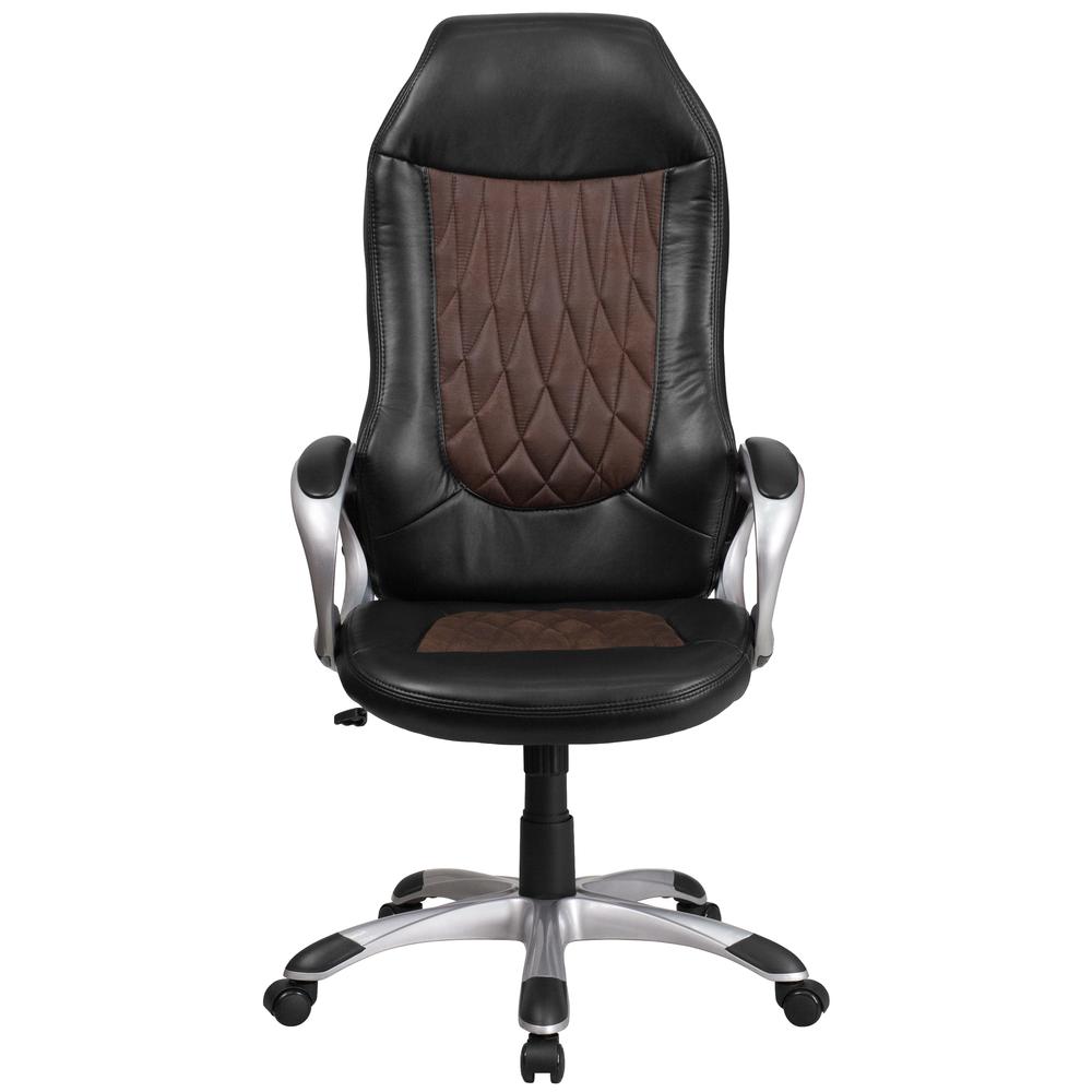 High Back Brown Fabric and Black Vinyl Executive Swivel Office Chair with Arms. Picture 4