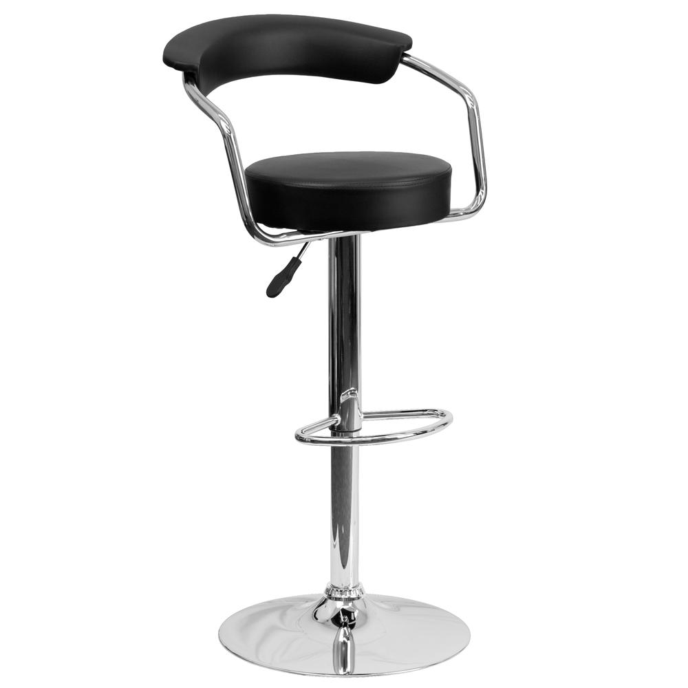 Contemporary Black Vinyl Adjustable Height Barstool with Arms and Chrome Base. Picture 1