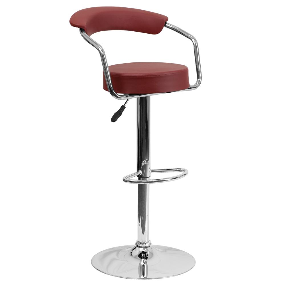 Contemporary Burgundy Vinyl Adjustable Height Barstool with Arms and Chrome Base. Picture 1