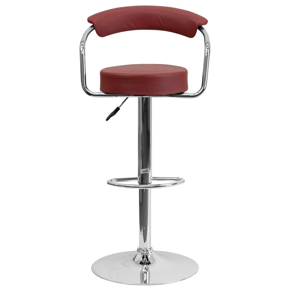 Contemporary Burgundy Vinyl Adjustable Height Barstool with Arms and Chrome Base. Picture 4