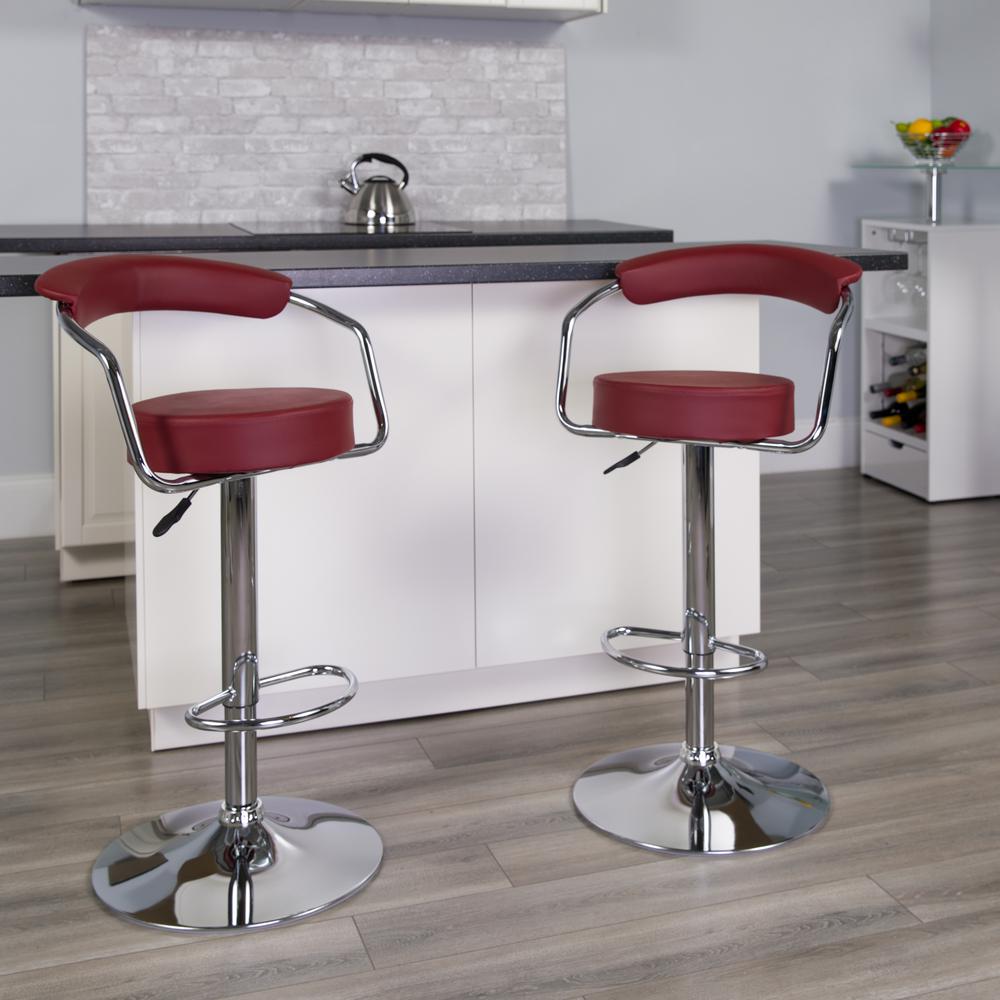 Contemporary Burgundy Vinyl Adjustable Height Barstool with Arms and Chrome Base. Picture 5