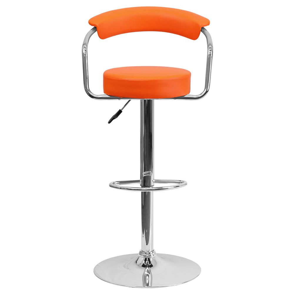 Contemporary Orange Vinyl Adjustable Height Barstool with Arms and Chrome Base. Picture 4