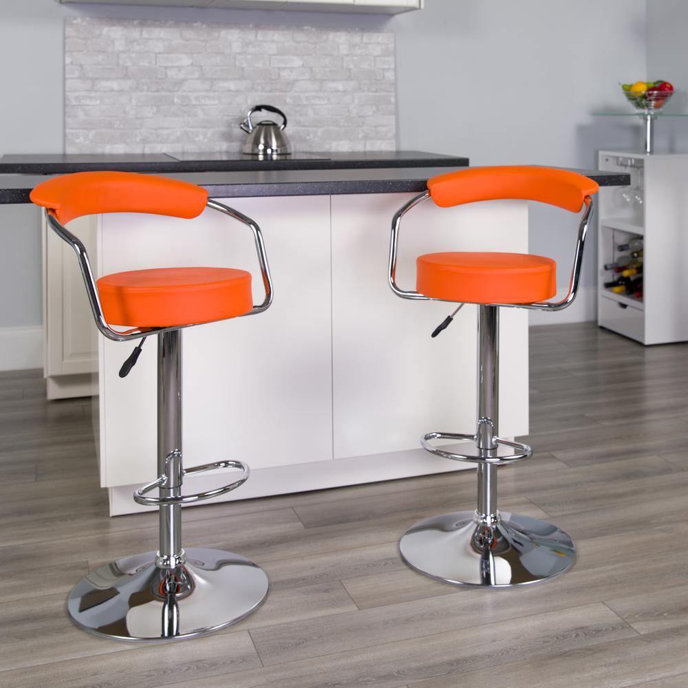 Contemporary Orange Vinyl Adjustable Height Barstool with Arms and Chrome Base. Picture 5