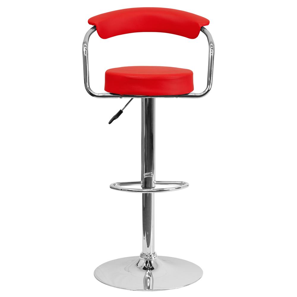 Contemporary Red Vinyl Adjustable Height Barstool with Arms and Chrome Base. Picture 4