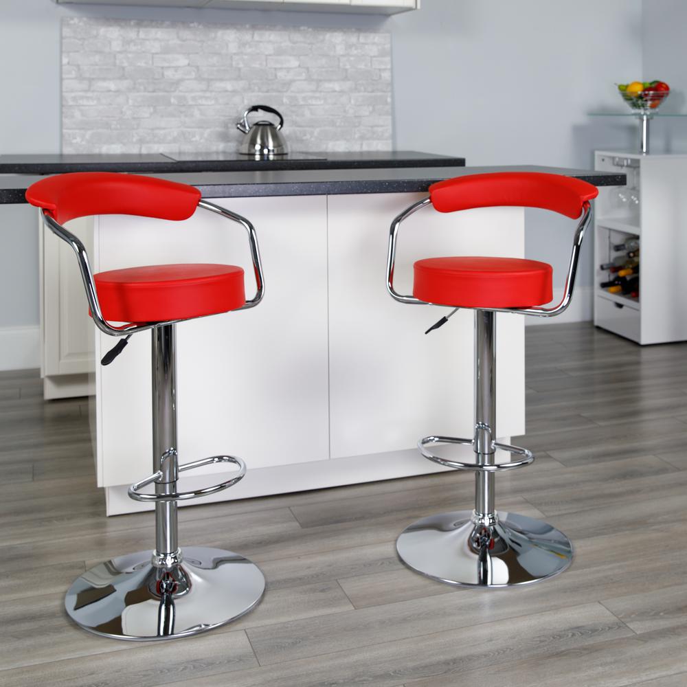 Contemporary Red Vinyl Adjustable Height Barstool with Arms and Chrome Base. Picture 5