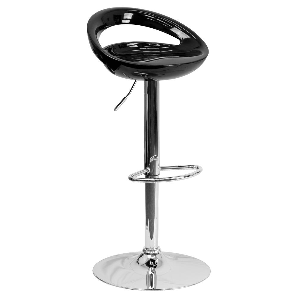 Contemporary Black Plastic Adjustable Height Barstool with Rounded Cutout Back and Chrome Base. Picture 1