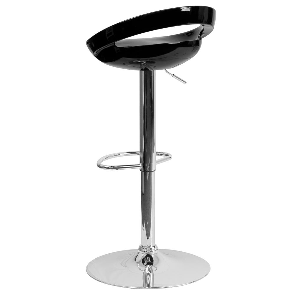 Contemporary Black Plastic Adjustable Height Barstool with Rounded Cutout Back and Chrome Base. Picture 4