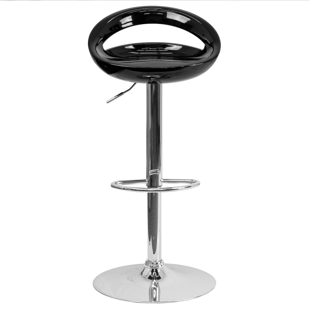 Contemporary Black Plastic Adjustable Height Barstool with Rounded Cutout Back and Chrome Base. Picture 5