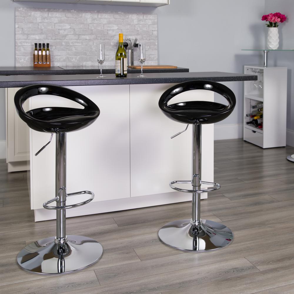 Contemporary Black Plastic Adjustable Height Barstool with Rounded Cutout Back and Chrome Base. Picture 6