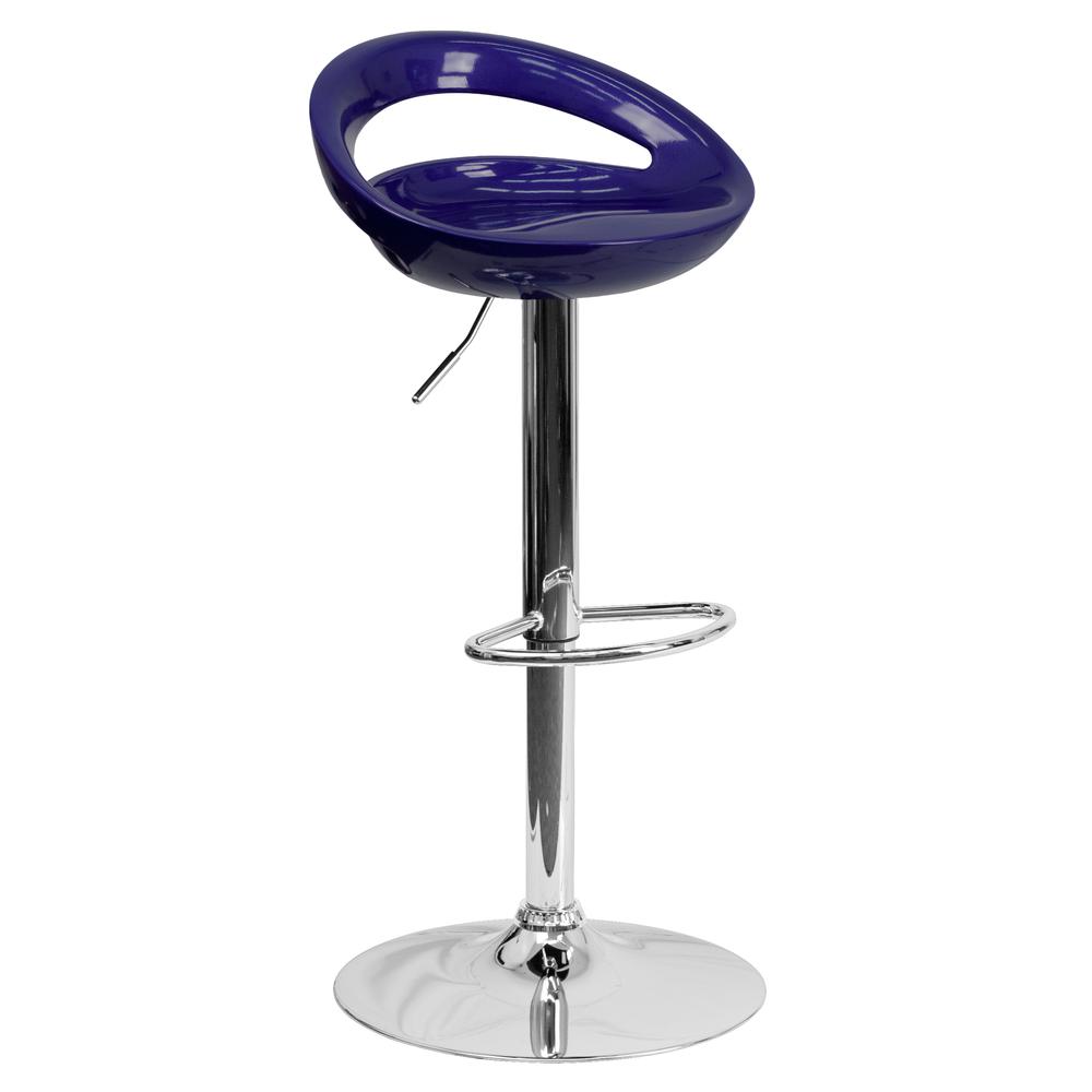 Contemporary Blue Plastic Adjustable Height Barstool with Rounded Cutout Back and Chrome Base. Picture 1