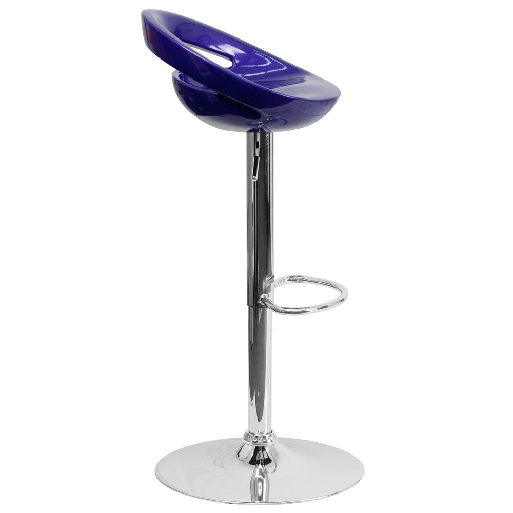 Contemporary Blue Plastic Adjustable Height Barstool with Rounded Cutout Back and Chrome Base. Picture 2
