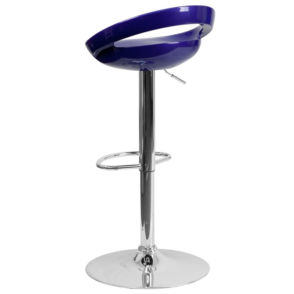 Contemporary Blue Plastic Adjustable Height Barstool with Rounded Cutout Back and Chrome Base. Picture 3