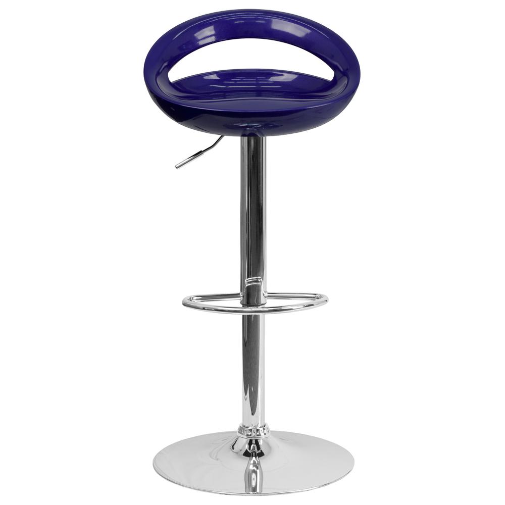 Contemporary Blue Plastic Adjustable Height Barstool with Rounded Cutout Back and Chrome Base. Picture 4