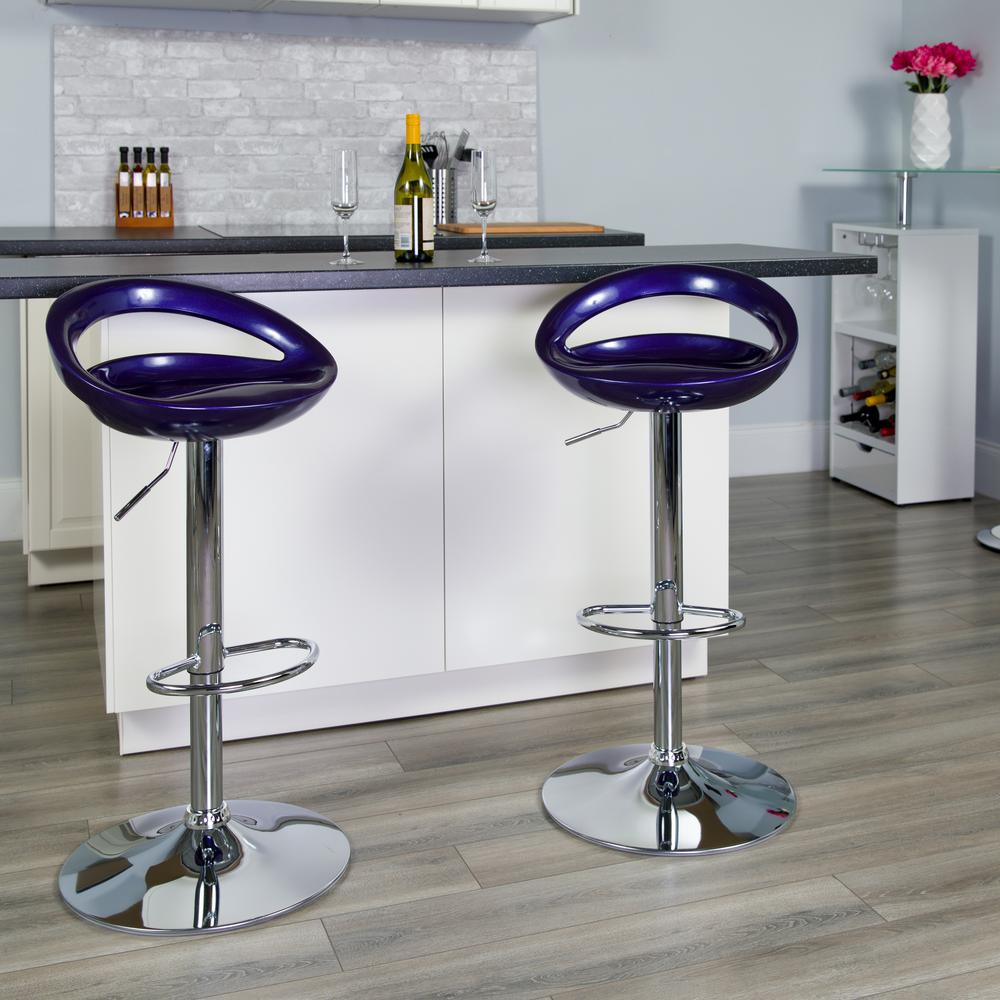 Contemporary Blue Plastic Adjustable Height Barstool with Rounded Cutout Back and Chrome Base. Picture 5