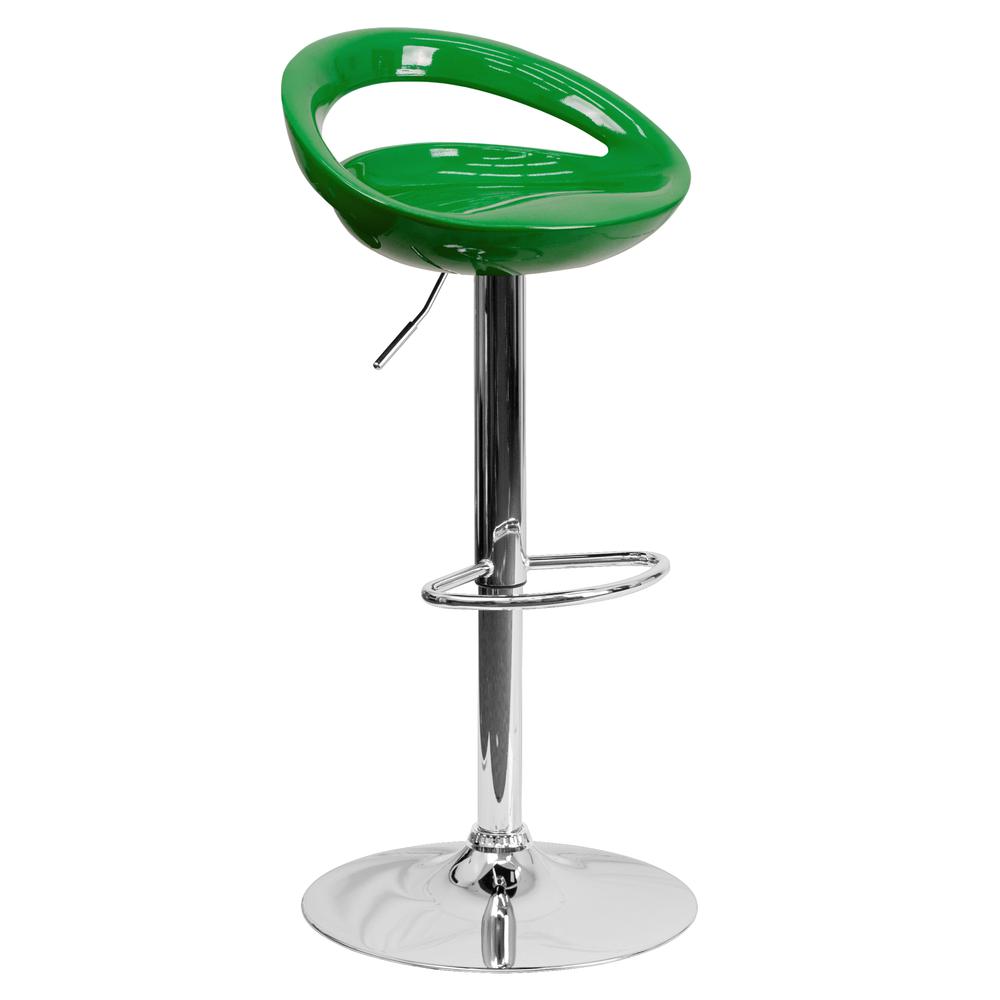 Contemporary Green Plastic Adjustable Height Barstool with Rounded Cutout Back and Chrome Base. Picture 1