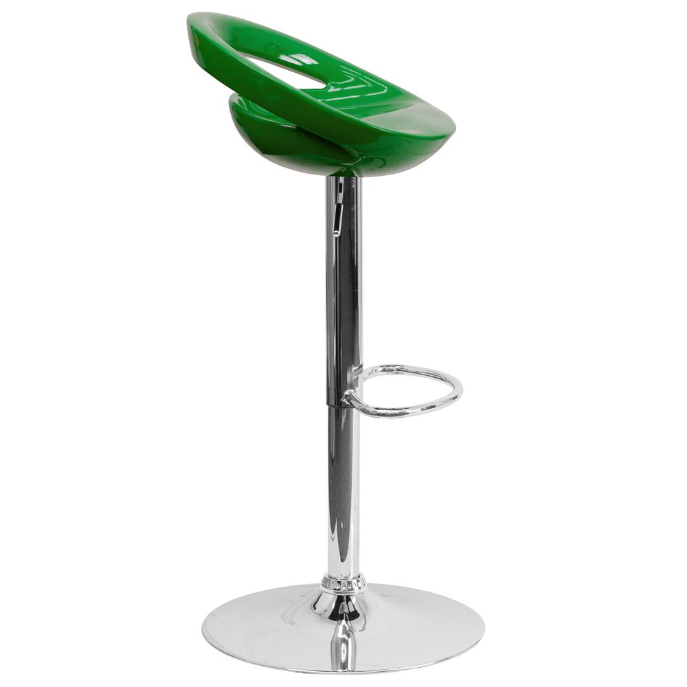 Contemporary Green Plastic Adjustable Height Barstool with Rounded Cutout Back and Chrome Base. Picture 2