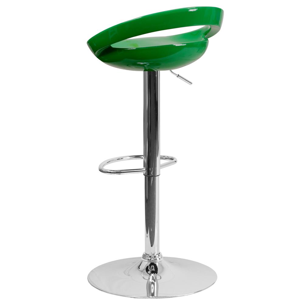 Contemporary Green Plastic Adjustable Height Barstool with Rounded Cutout Back and Chrome Base. Picture 3