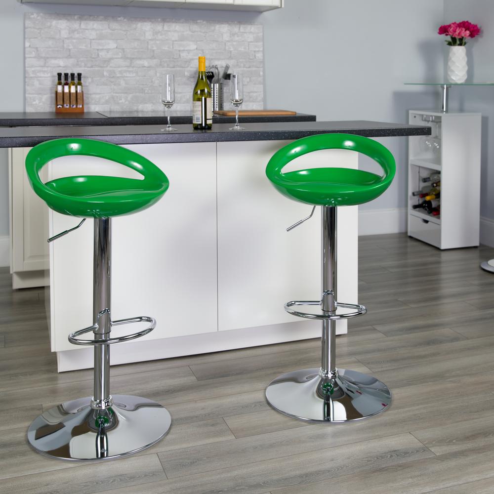 Contemporary Green Plastic Adjustable Height Barstool with Rounded Cutout Back and Chrome Base. Picture 5
