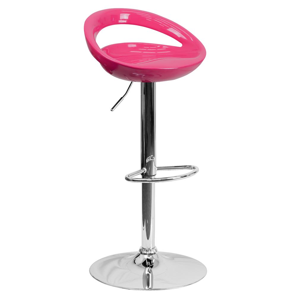 Contemporary Pink Plastic Adjustable Height Barstool with Rounded Cutout Back and Chrome Base. Picture 1
