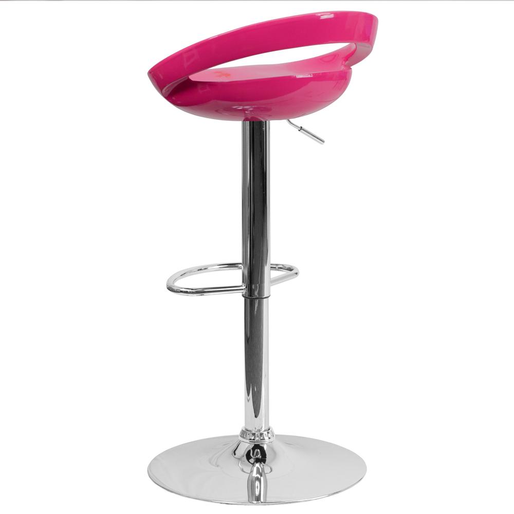 Contemporary Pink Plastic Adjustable Height Barstool with Rounded Cutout Back and Chrome Base. Picture 3