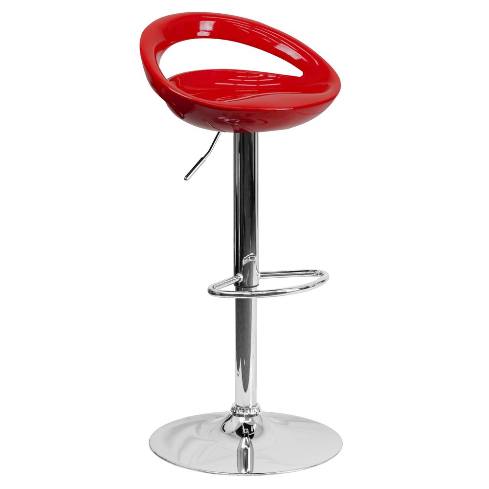 Contemporary Red Plastic Adjustable Height Barstool with Rounded Cutout Back and Chrome Base. Picture 1