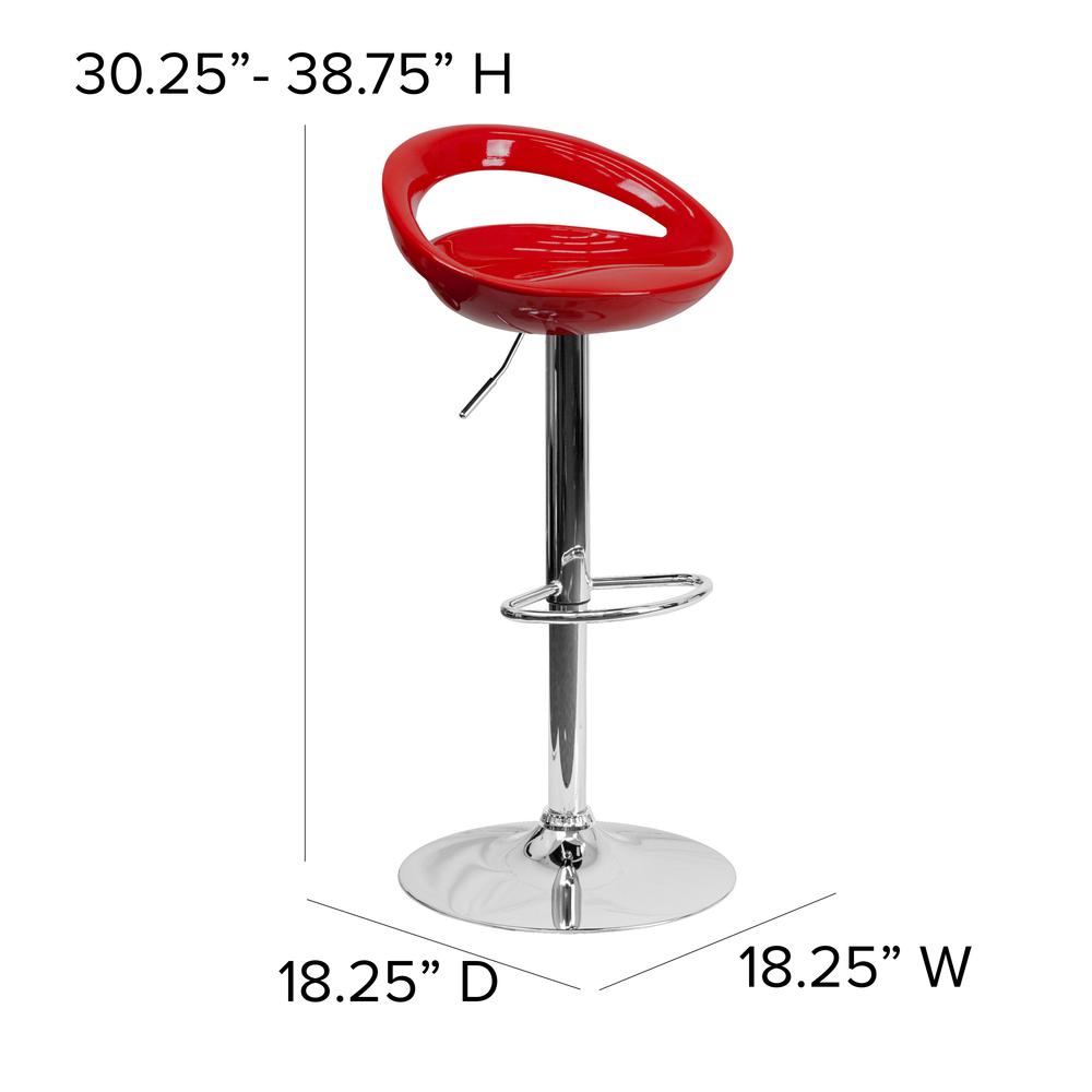Contemporary Red Plastic Adjustable Height Barstool with Rounded Cutout Back and Chrome Base. Picture 2