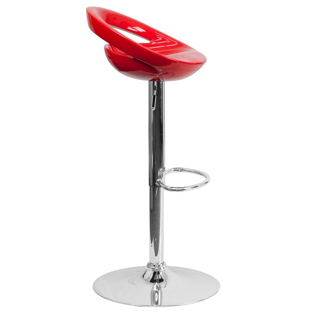 Contemporary Red Plastic Adjustable Height Barstool with Rounded Cutout Back and Chrome Base. Picture 3