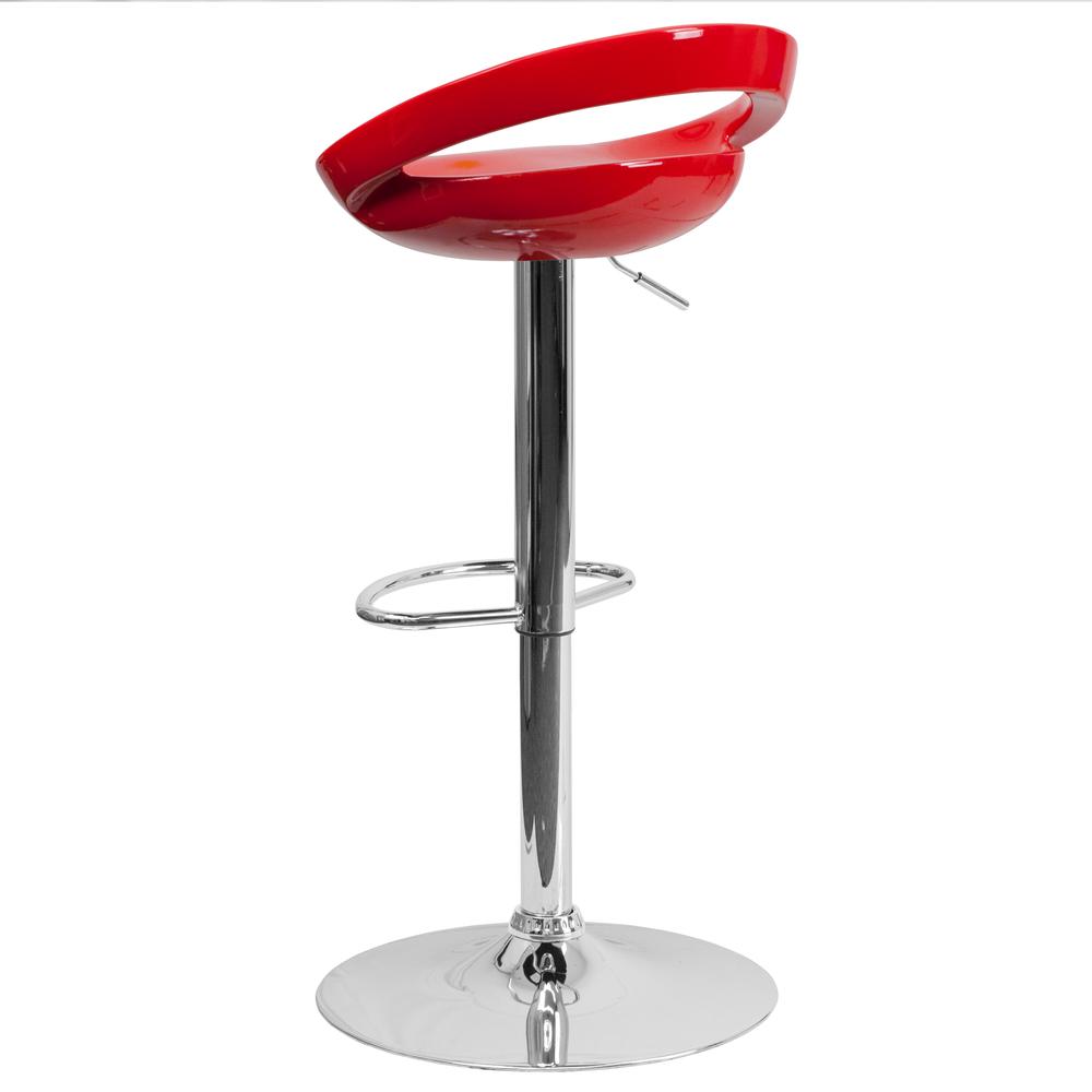 Contemporary Red Plastic Adjustable Height Barstool with Rounded Cutout Back and Chrome Base. Picture 4