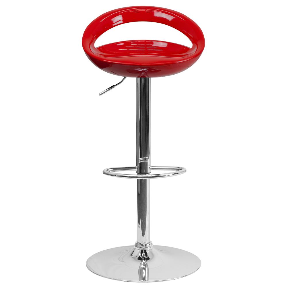 Contemporary Red Plastic Adjustable Height Barstool with Rounded Cutout Back and Chrome Base. Picture 5